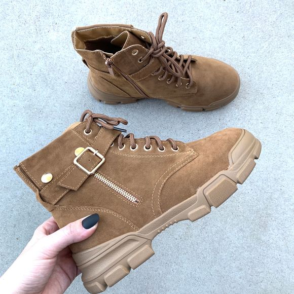 Shoes - New Camel Brown Lace Zip Up Combat Moto Boots